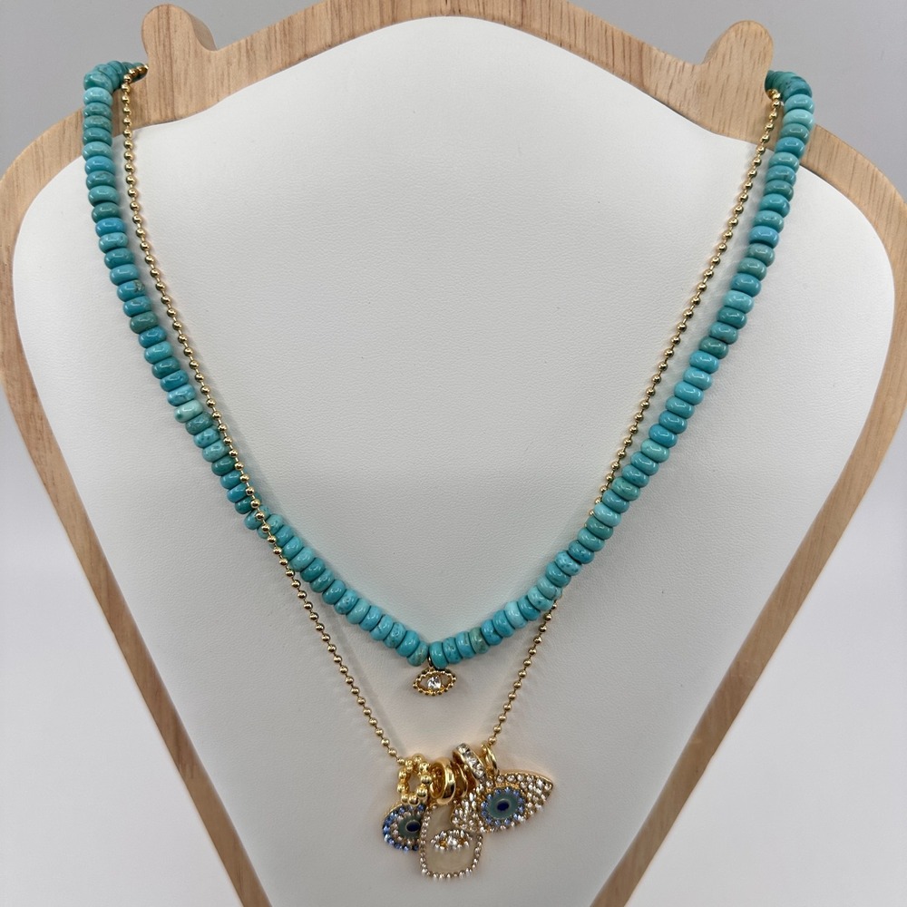 Turquoise & Gold Tone Beaded Evil Eye Layered Necklace Rhinestone Bohemian Gift - Picture 7 of 17